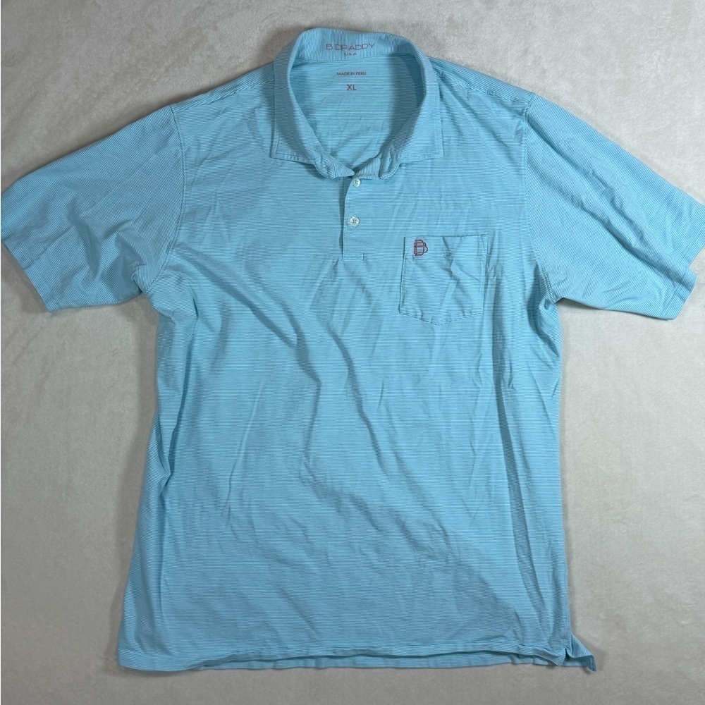 B.Draddy XL Light Blue Stripe Performance Polo Shirt Front Embroidered Logo Golf